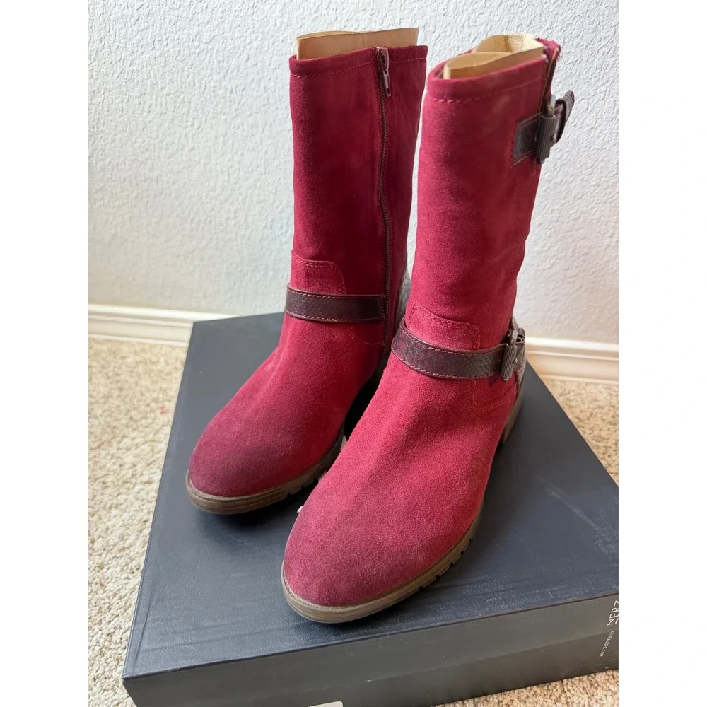 Naturalizer Genna Plum Rouge Suede Mid-Calf Buckle Boots Women's 7M